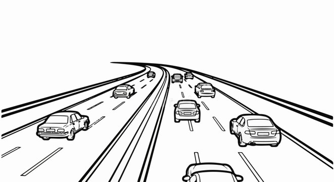 Black and white illustration of cars on a multi-lane highway stretching into the distance