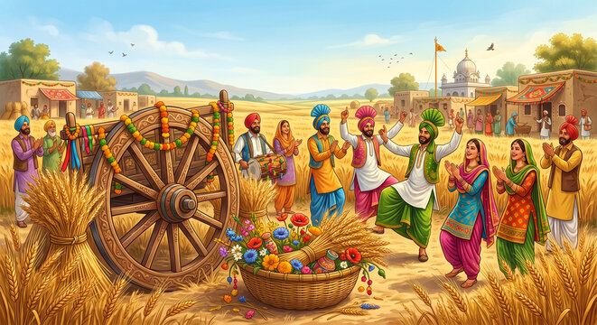 Vibrant Punjabi harvest festival celebration with music and dance