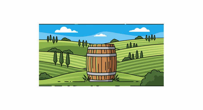 Barrel stands in a rolling green landscape with trees and clouds
