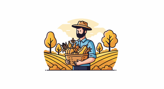 Bearded farmer in hat carries basket of fresh autumn harvest vegetables in field