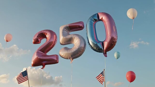 Large number balloons 250 float against a clear blue sky with clouds