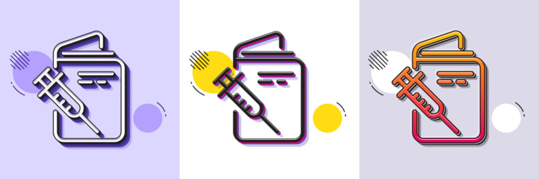 Vaccination passport line icon. Halftone dotted pattern. Gradient icon with grain shadow. Vaccine syringe sign. Jabbed symbol. Line vaccination passport icon. Various designs. Vector