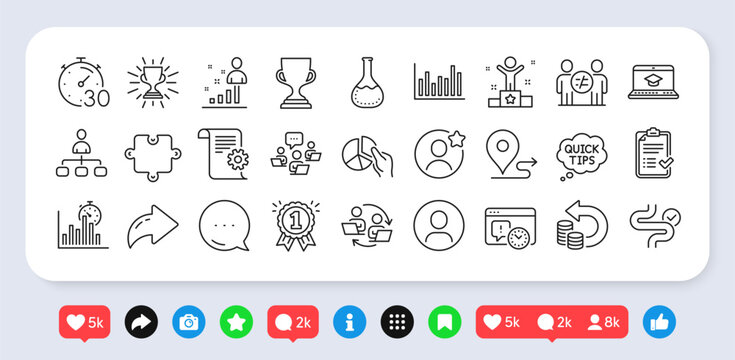 Best friend, Quick tips and Stats line icons pack. Social media: share, comment, like icons. Digestion, Teamwork process, Headshot web icon. Award cup, Project deadline, Winner pictogram. Vector