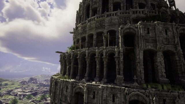 massive tiered bastion shot from low angle, imposing stone columns and deep shadows emphasize scale, dramatic clouds framing monumental silhouette and rugged