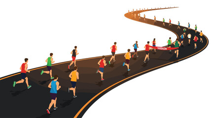 Obraz premium A group of athletic runners competing on a winding asphalt race track with a red finish line banner against a plain white background in a clean vector style.