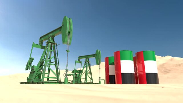 Industrial oil pump jacks with United Arab Emirates barrels in arid desert environment, Petroleum industry and energy production. 3D Render