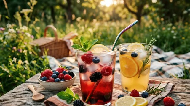 Refreshing summer picnic with berry drinks and fresh fruit in nature