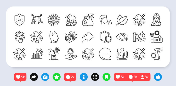 Covid test, Vitamin k and Niacin vitamin line icons pack. Social media: share, comment, like icons. Cough, Coronavirus statistics, Cleaning liquids web icon. Vector