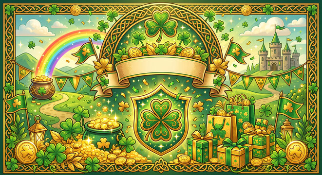 Saint Patrick's Day celebration with gold coins and rainbow