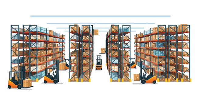 Forklift operators navigate through high storage aisles in a large industrial warehouse filled with organized metal racking systems stacked with cardboard boxes and inventory.