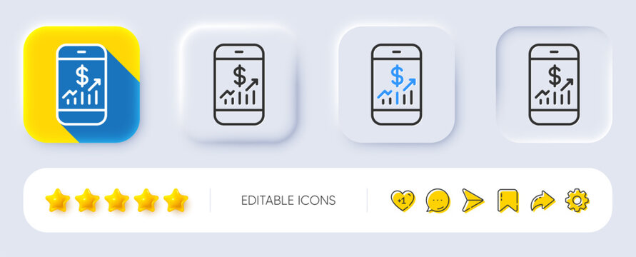 Mobile finance line icon. Neumorphic, Flat shadow, 3d buttons. Business audit sign. Check investment symbol. Line mobile finance icon. Social media icons. Vector