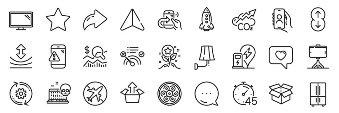 Resilience, Selfie stick and Send box line icons pack. Share, Message, Paper plane icons. Monitor, Scroll down, Cyber attack web icon. Airplane mode, Share call, Rocket pictogram. Vector