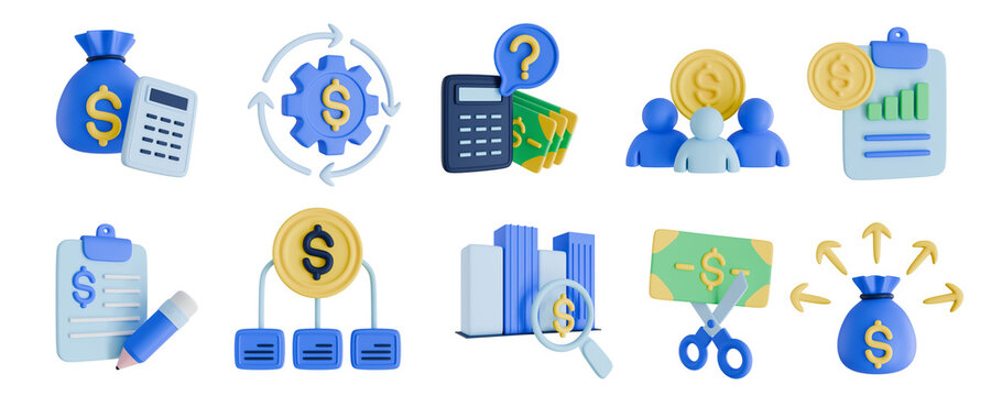 Financial management and budget planning 3D icon set with money bags, calculators, profit growth charts, cost reduction, and investment strategy elements for business.