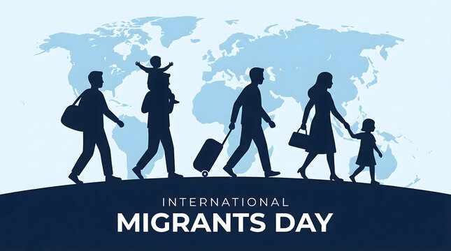 International Migrants Day, family silhouettes on world map