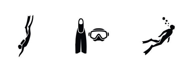 Scuba diving icon set featuring black silhouettes of divers in action, a diving mask, and fins on a white background. Ideal for aquatic sport themes. © Lili