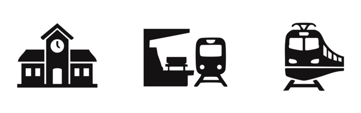 Minimalist black icon set featuring a railway station with a clock, a train at a platform, and a modern locomotive for travel and transit design.