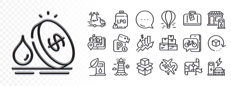 Packing boxes, Return package and Lighthouse line icons for web app. Glare of light effect. Message icon. Pack of Charging station, Fuel price, Connecting flight pictogram icons. Vector