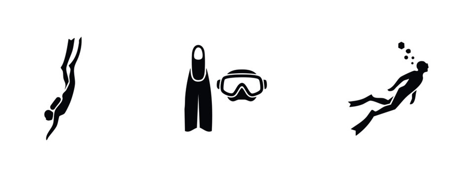 Scuba diving icon set featuring black silhouettes of divers in action, a diving mask, and fins on a white background. Ideal for aquatic sport themes.