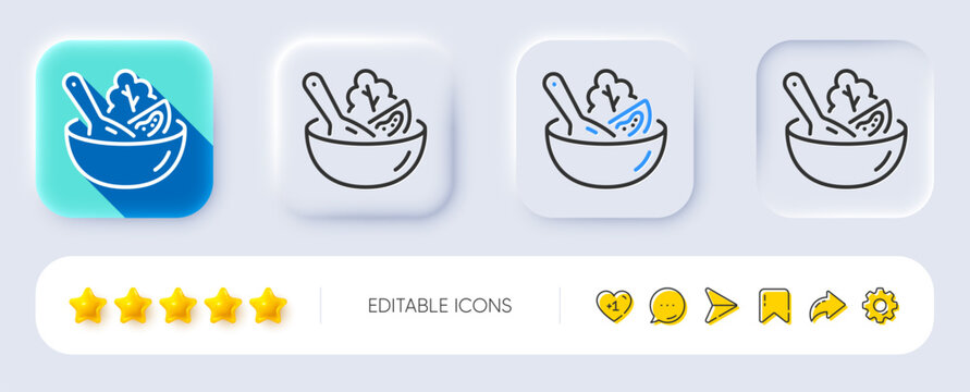 Salad line icon. Neumorphic, Flat shadow, 3d buttons. Vegetable food sign. Healthy meal symbol. Line salad icon. Social media icons. Vector