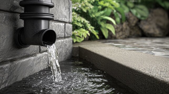 Sump pump installation concept showing water discharge from a drain pipe into a drainage channel near a foundation, representing basement flooding prevention and drainage solution.