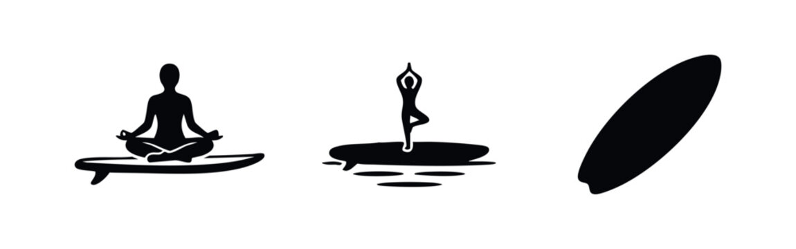 Set of black silhouettes featuring SUP yoga and meditation on surfboards. Minimalist icons for paddleboarding fitness, mindfulness, and water sports.