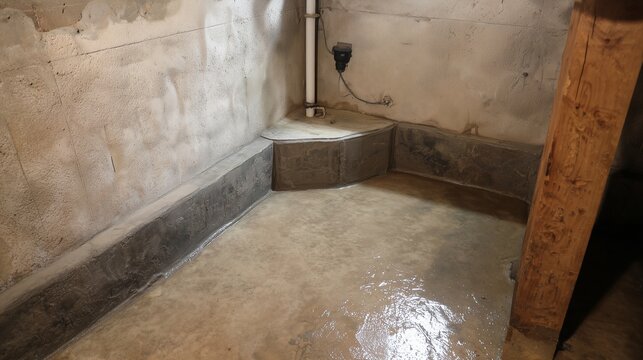 Basement sump pump installation site with plumber pipe service showing concrete pit, drain line and wall penetration for discharge pipe.