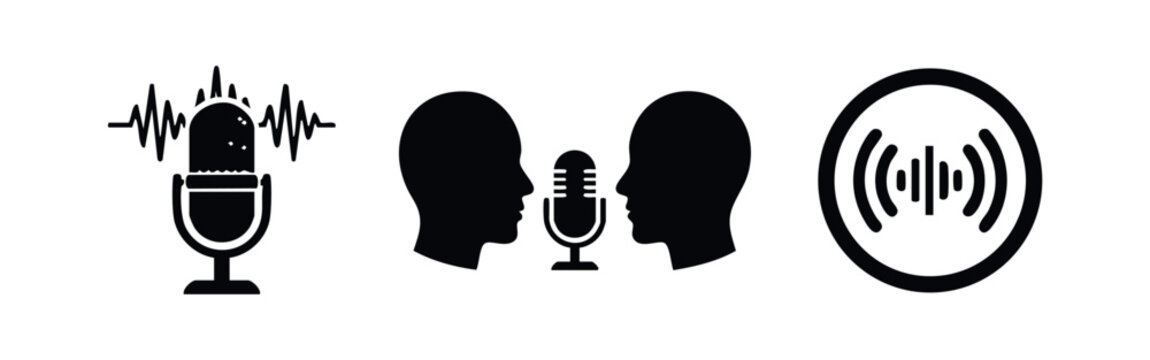Minimalist black icons representing podcasting and audio recording, featuring a microphone with sound waves, a pair of heads in conversation, and a signal.
