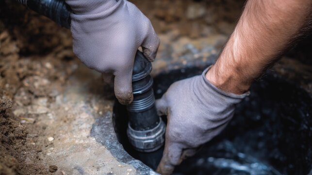 Plumber installing a submersible sump pump in a pit, hands with glove connecting discharge pipe, representing sump pump installation service for basement flood protection.