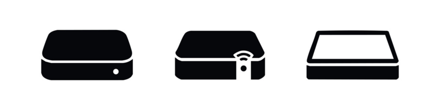 Set of minimalist black icons representing modern electronic devices such as mini PCs, set-top boxes, and wireless routers, isolated on white.