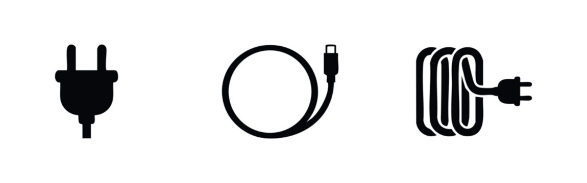 A collection of black power and charging icons including an electric plug, a coiled USB-C cable, and a rolled extension cord on a white background.