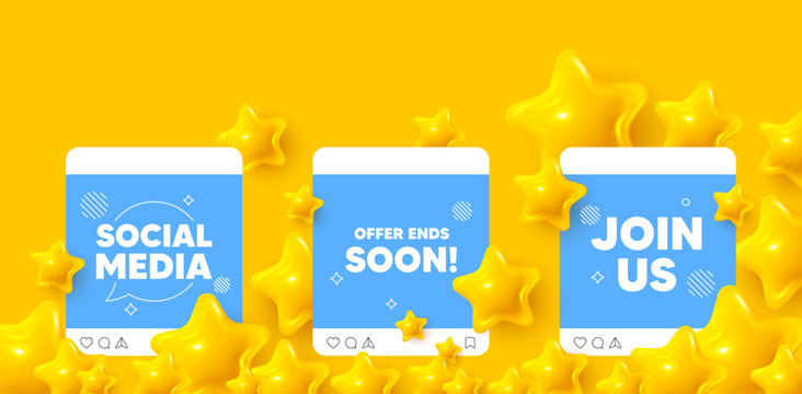 Offer ends soon social media post. Join us template mockup. Offer ends soon tag. Special offer price sign. Advertising discounts symbol. Like, comment and share icons. Vector