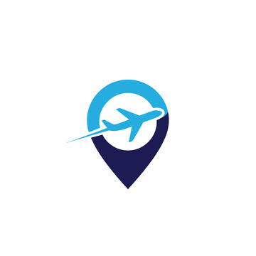 Airplane flying over a map pin.