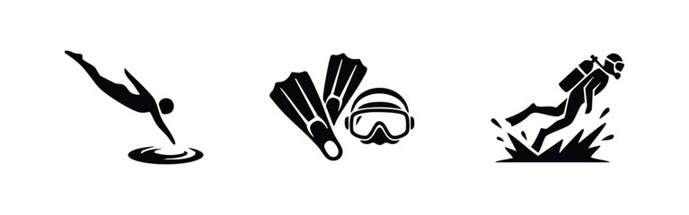 Set of minimalist black icons featuring a person diving, snorkeling gear, and a scuba diver. Perfect for aquatic sports and summer activity designs. © Lili
