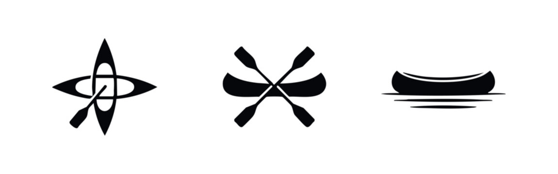 Set of three minimalist black canoe and paddle silhouette icons for adventure, outdoor recreation, and nautical branding on a white background.