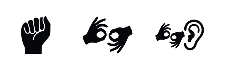 Black and white vector icons representing deafness, sign language interpretation, and hearing accessibility symbols on a white background. © Lili