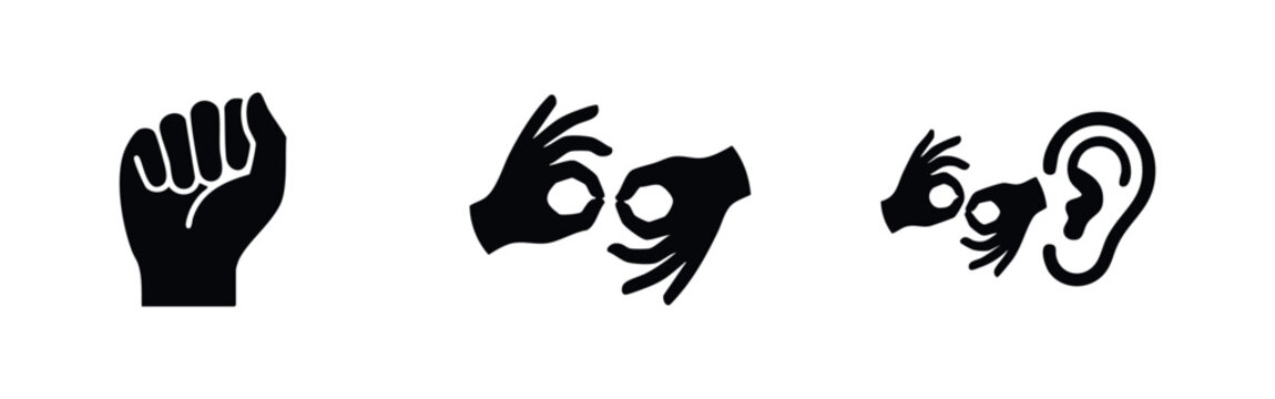 Black and white vector icons representing deafness, sign language interpretation, and hearing accessibility symbols on a white background.
