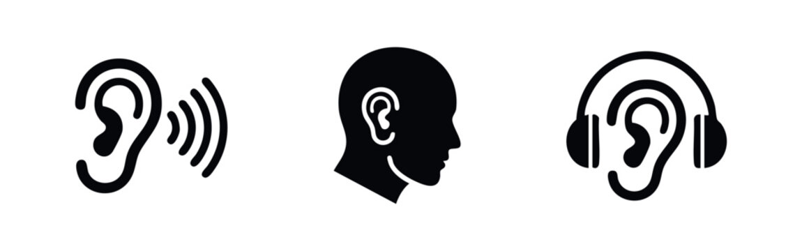 A set of three minimalist black icons representing hearing, including an ear with sound waves, a human head profile, and an ear with headphones.
