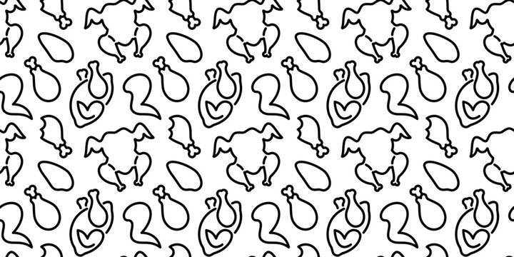 Chicken seamless pattern with drumsticks, legs, fillets and wings in outline style. Hand drawn vector background for fast food branding, packaging, menus and restaurant design.