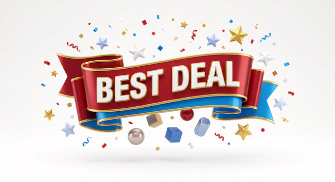 Festive ribbon banner announces a "Best Deal" with confetti.