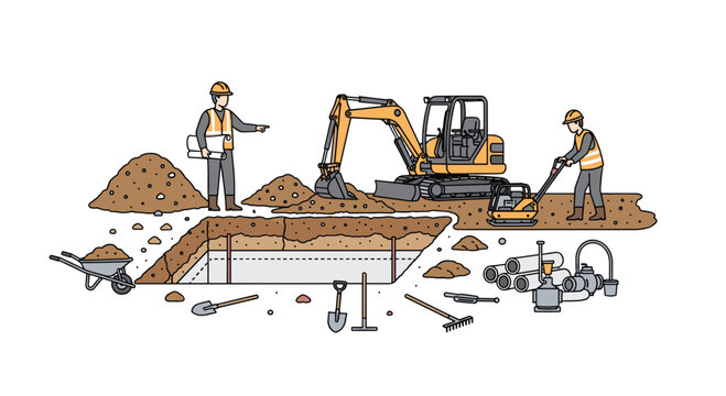 Construction workers utilize a small excavator and a plate compactor to dig a foundation pit at a work site filled with various hand tools and pipes.
