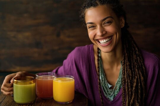 Woman with dread braids smiling while arranging drinks on table