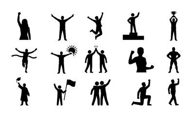Fototapeta premium Celebration Silhouettes: Success, Achievement, Victory Icons. Diverse People Poses for Awards, Graduation, Sports, and Teamwork Graphics.