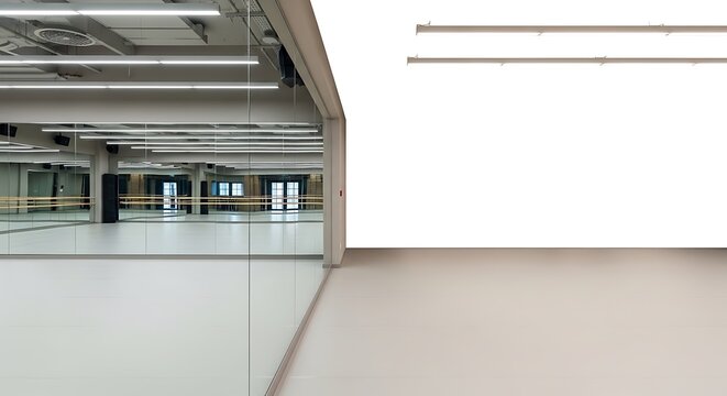 Empty dance studio with mirrors and ballet barres reflecting the bright, modern interior and white wall space for text