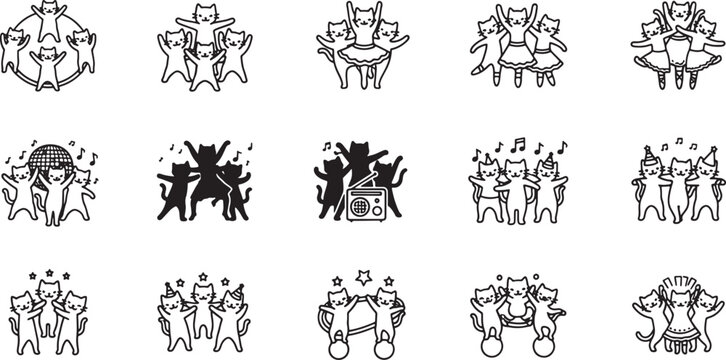 Set of cute dancing cats icons, funny kittens characters performing various dance moves and party activities
