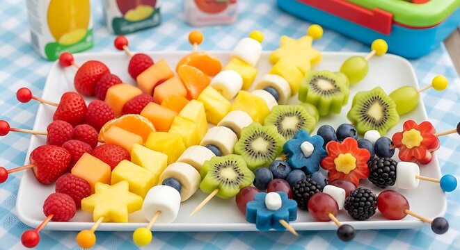 Rainbow fruit skewers on white platter, colorful fresh fruit kabobs for kids party, healthy summer snack assortment with berries and melon