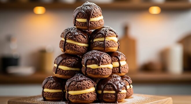 Gourmet chocolate profiteroles stacked in a pyramid, cream filled choux pastry with dark cocoa glaze, decadent french dessert on wooden board