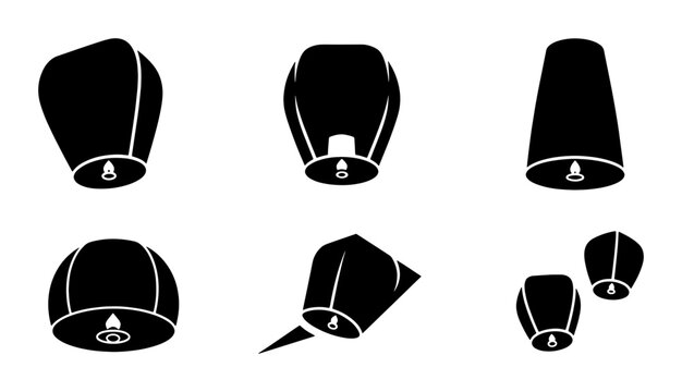 Sky Lantern Vector Icons Set, Traditional Chinese Floating Lanterns, Festival Celebration Symbols, Black Silhouette Graphics