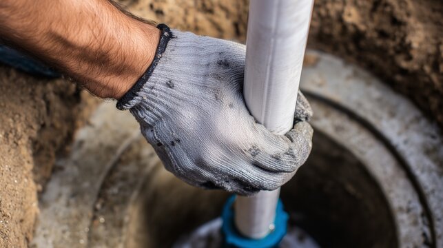 Technician hand installing vertical sump pump pipe into basin for emergency repair and drainage.