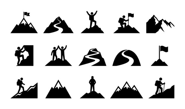 Mountain Climbing Icons Set, Summit Achievement Vector Graphics, Peak Success Symbols, Adventure Journey Silhouettes, 15 Elements
