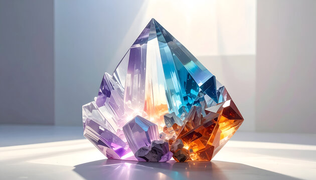 Vibrant Crystal Formation with Rainbow Hues and Geometric Facets.